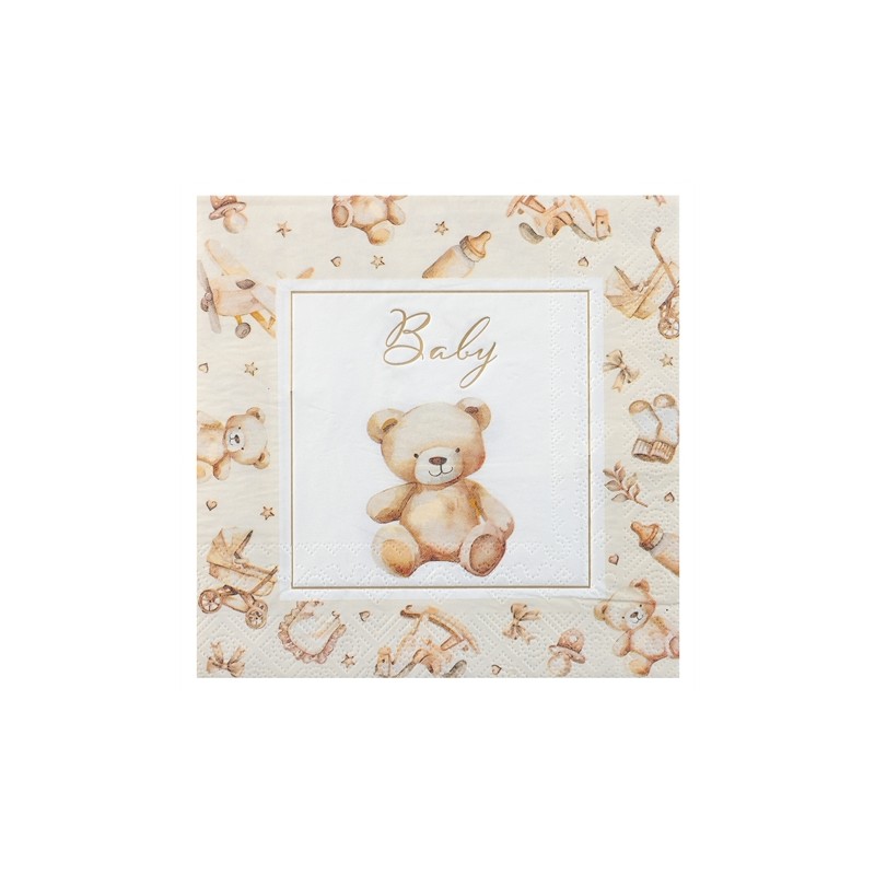 12 SERVIETTES NOUNOURSE BABY TEDDY BEAR NUDE, BLANC ET OR 33 X 33 CM 