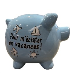 TIRELIRE COCHON BLEU CIEL "POUR M'ECLATER EN VACANCES !"