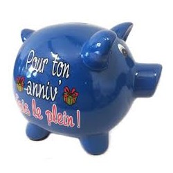 TIRELIRE COCHON BLEU "POUR TON ANNIV FAIS LE PLEIN "