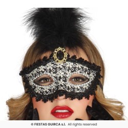 DEMI MASQUE LOUP NOIR DECO FLEURS OR AVEC PLUME CENTRALE POUR CARNAVAL