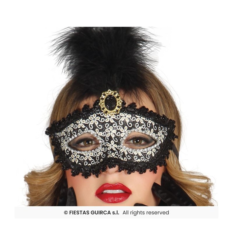 DEMI MASQUE LOUP NOIR DECO FLEURS OR AVEC PLUME CENTRALE POUR CARNAVAL