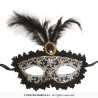 DEMI MASQUE LOUP NOIR DECO FLEURS OR AVEC PLUME CENTRALE POUR CARNAVAL