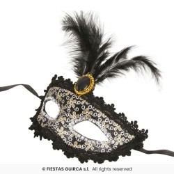 DEMI MASQUE LOUP NOIR DECO FLEURS OR AVEC PLUME CENTRALE POUR CARNAVAL