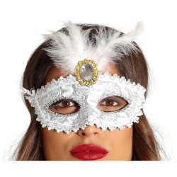 DEMI MASQUE LOUP MASQUE BLANC AVEC PLUME 