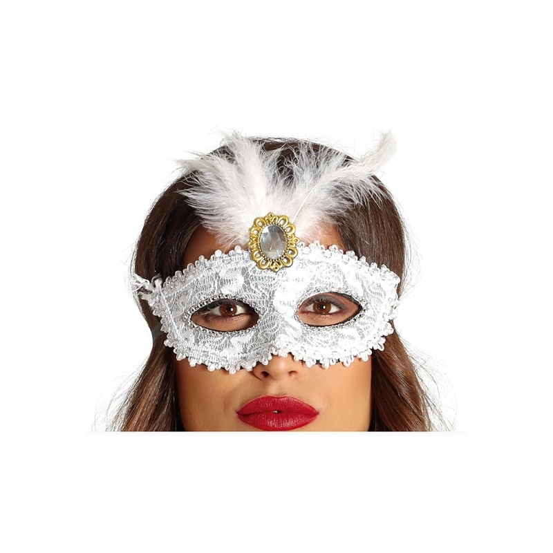 DEMI MASQUE LOUP MASQUE BLANC AVEC PLUME 
