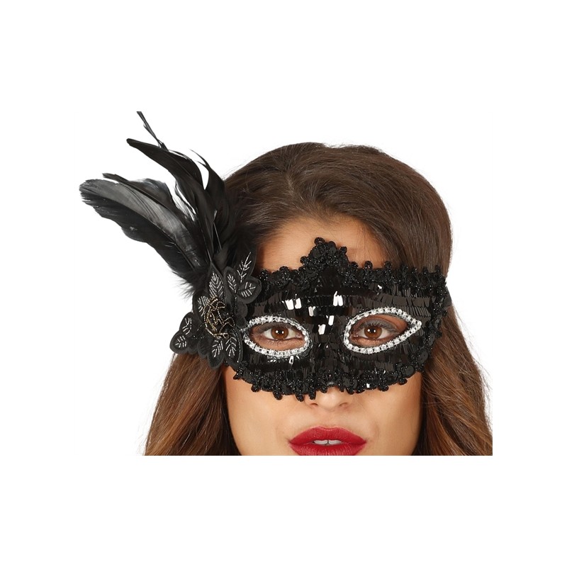 DEMI MASQUE LOUP MASQUE NOIR AVEC PLUME 