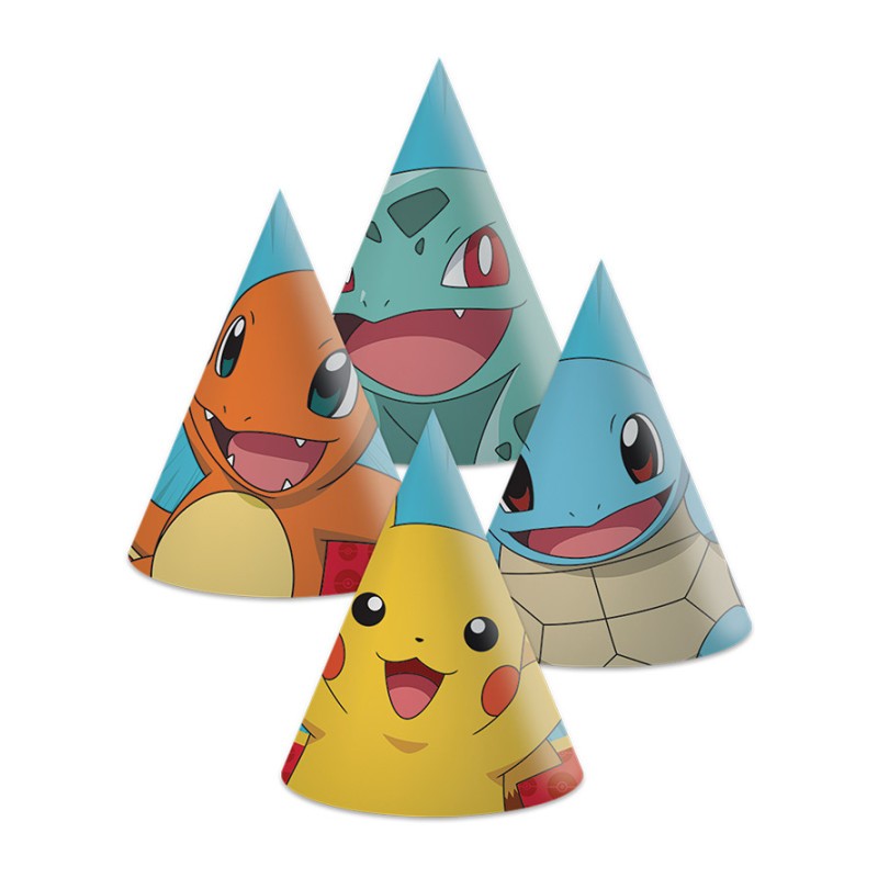 6 CHAPEAUX DE FETE PAPIER POKEMON GO ET PIKACHU EN COULEUR