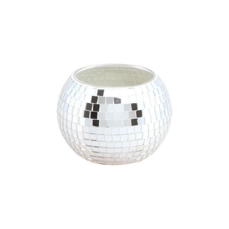 PHOTOPHORE VERRE EFFET BOULE A FACETTES ARGENT DIAMETRE 8CM X HAUTEUR 7CM