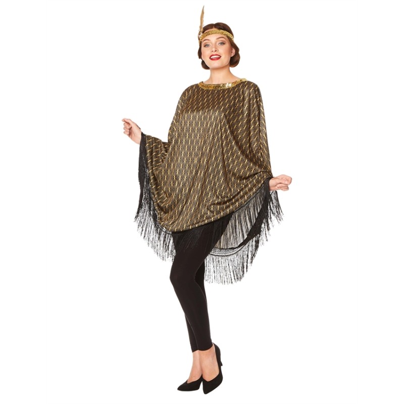 DEGUISEMENT PONCHO CHARLESTON NOIR ET OR MOTIFS ARTDECO A FRANGE TAILLE UNIQUE
