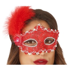 DEMI MASQUE LOUP ROUGE AVEC PLUME