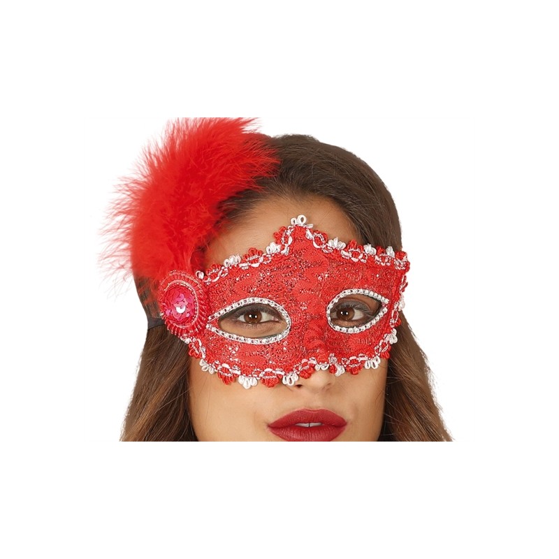 DEMI MASQUE LOUP ROUGE AVEC PLUME 