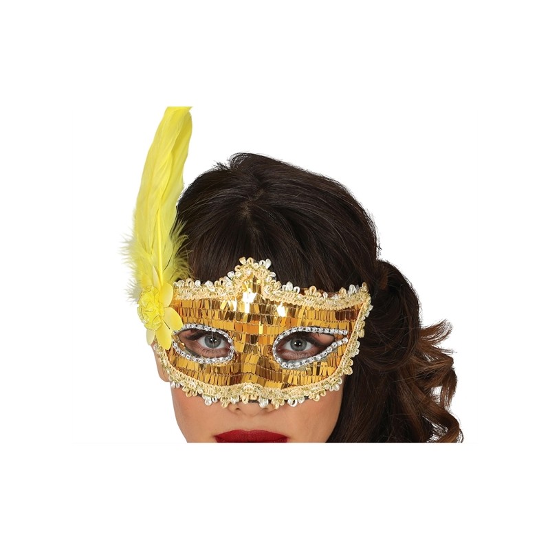 DEMI MASQUE LOUP OR STRASS AVEC PLUME