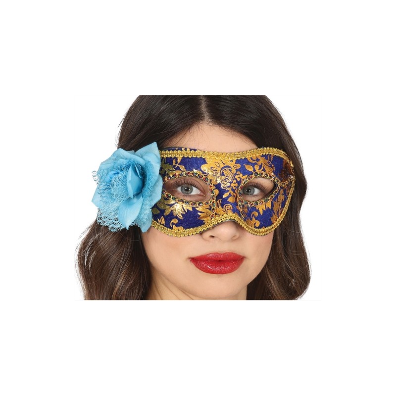 DEMI MASQUE LOUP BLEU AVEC FLEURS