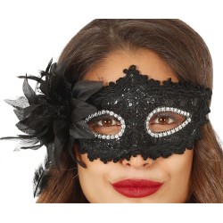 DEMI MASQUE LOUP NOIR AVEC FLEUR 