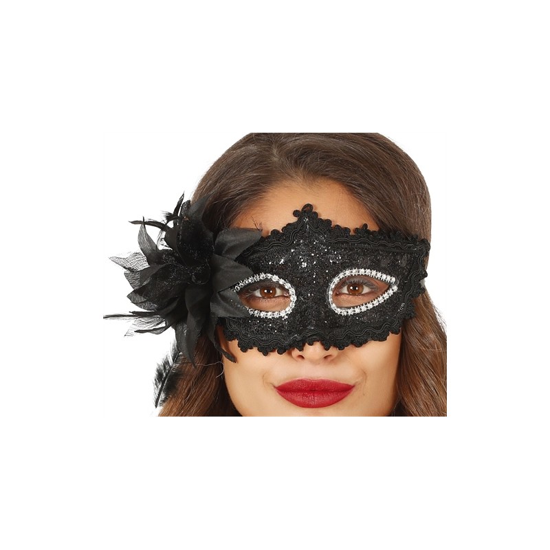DEMI MASQUE LOUP NOIR AVEC FLEUR 