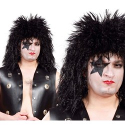 PERRUQUE PUNK ROCK NOIRE CHEVEUX LONGS ONDULES COURTS SUR LE HAUT