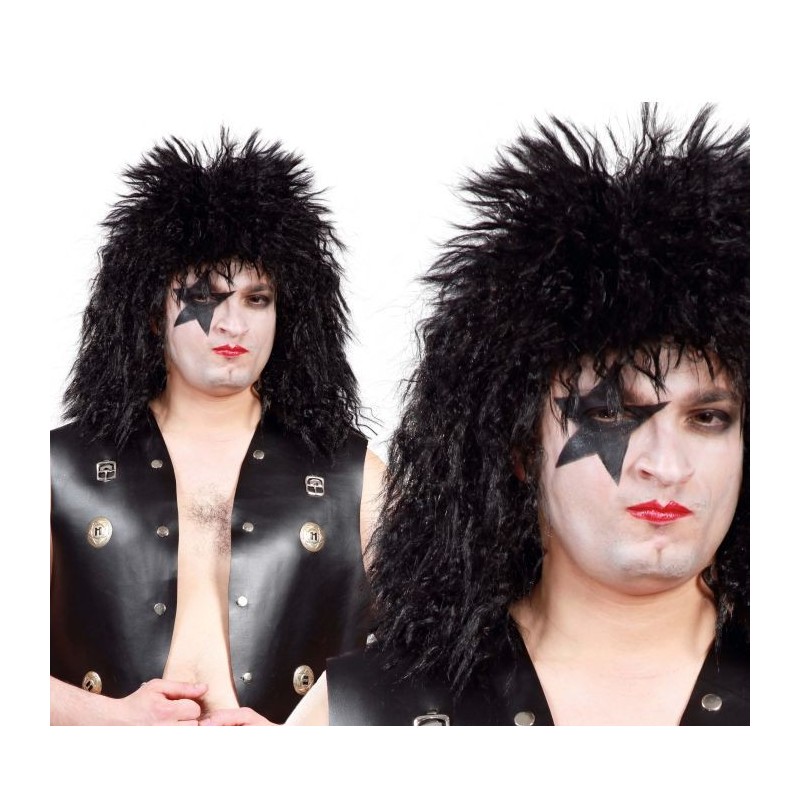 PERRUQUE PUNK ROCK NOIRE CHEVEUX LONGS ONDULES COURTS SUR LE HAUT