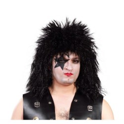 PERRUQUE PUNK ROCK NOIRE CHEVEUX LONGS ONDULES COURTS SUR LE HAUT