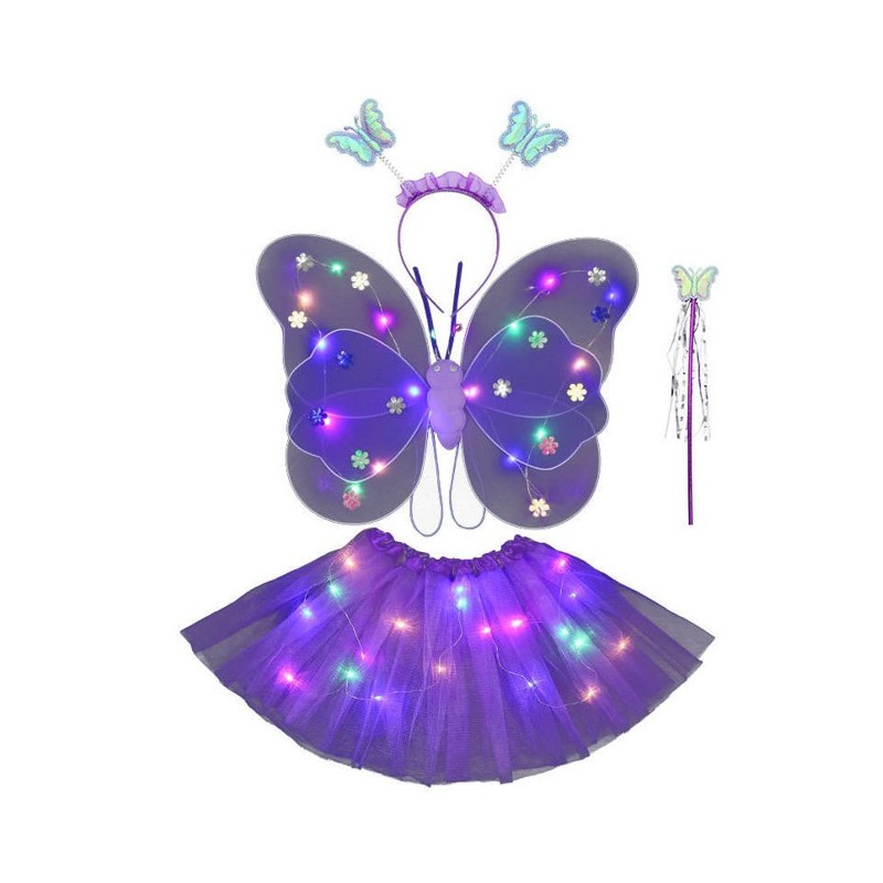 SET AILES + TUTU PAPILLON LUMINEUX LED VIOLET +SERRE TETE + BAGUETTE