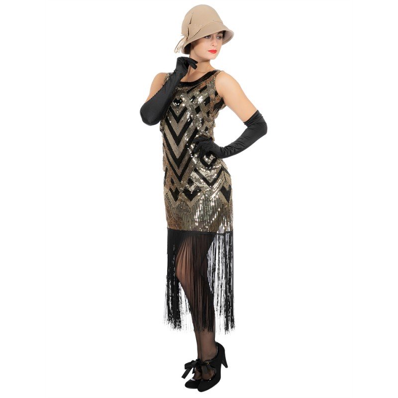DEGUISEMENT ROBE CHARLESTONNE NOIR ET OR A SEQUIN LUXE TAILLE XXL 