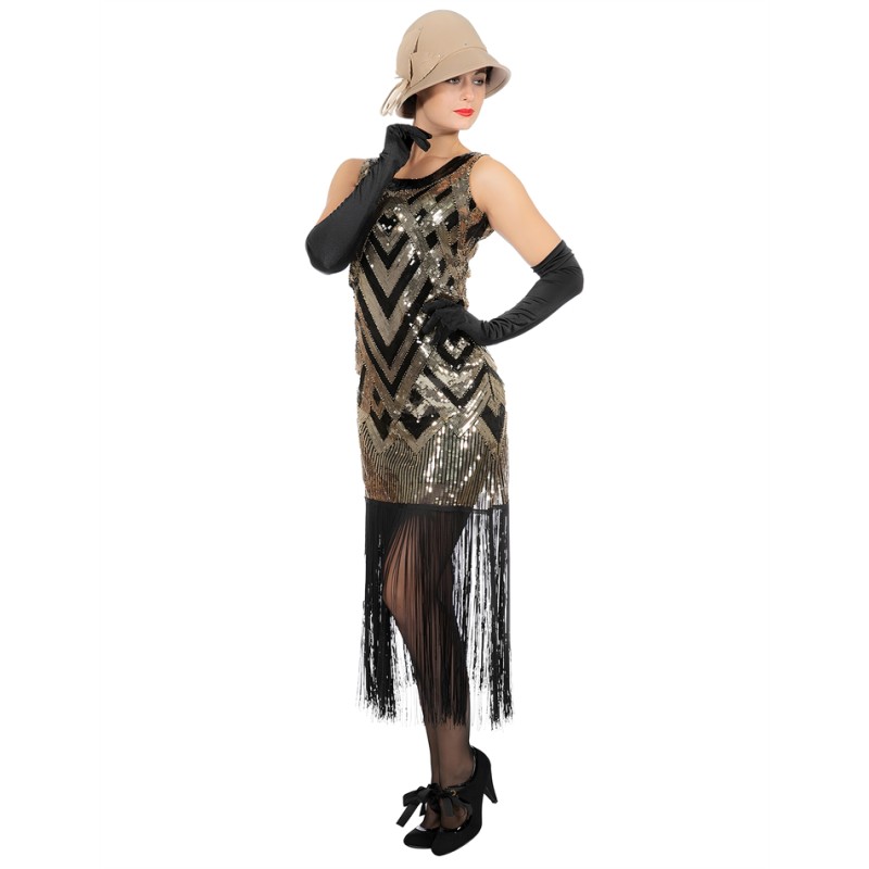 DEGUISEMENT ROBE CHARLESTONNE NOIR ET OR A SEQUIN LUXE TAILLE L-XL 