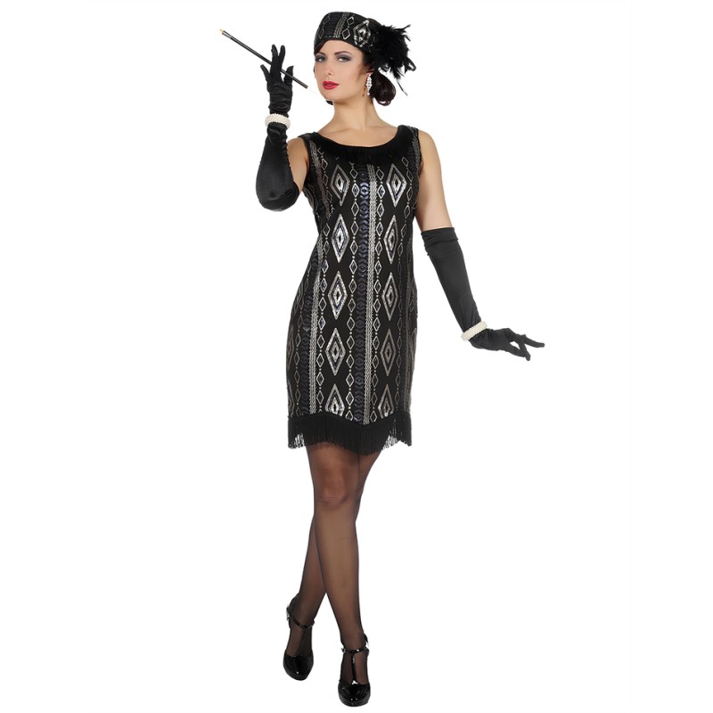 DEGUISEMENT ROBE CHARLESTONNE NOIR, OR ET BLEU A SEQUIN LUXE TAILLE 44