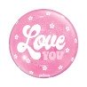 BALLON BULLE LOVE YOU BLANC FLEURS BLANCHES PAILLETTES ROSE CLAIR 26 CM 