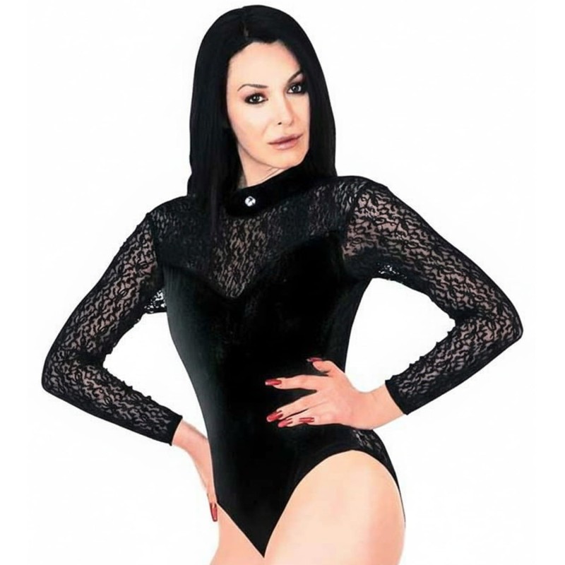 BODY NOIR VELOUR ET DENTELLE AVEC MANCHES 