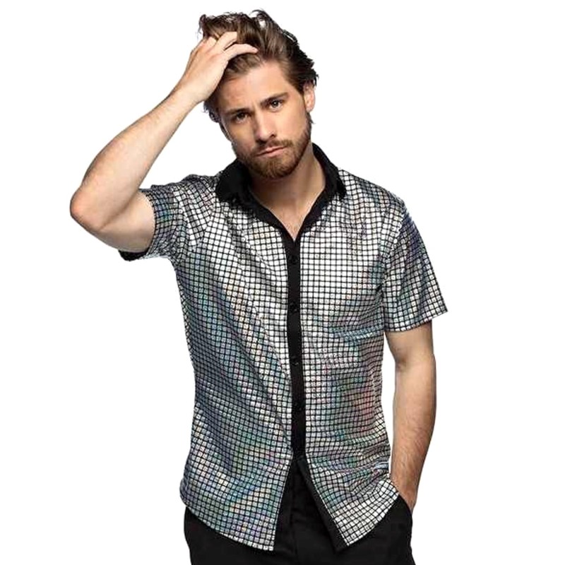 CHEMISE DISCO DIAMOND SEQUIN ARGENT MANCHES COURTES TAILLE XL