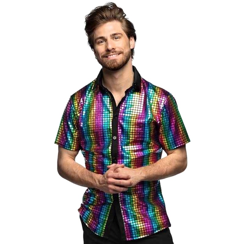 CHEMISE DISCO DIAMOND SEQUIN MULTICOLORE MANCHES COURTES TAILLE XL