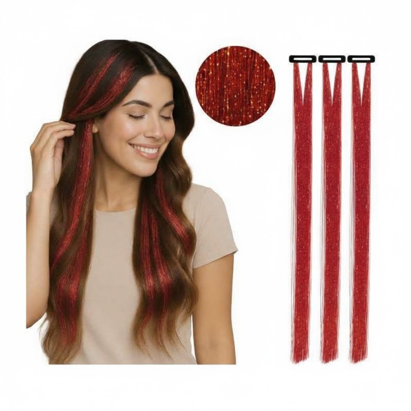 3 MECHES A CLIPSER ROUGE GLITTER 50 CM