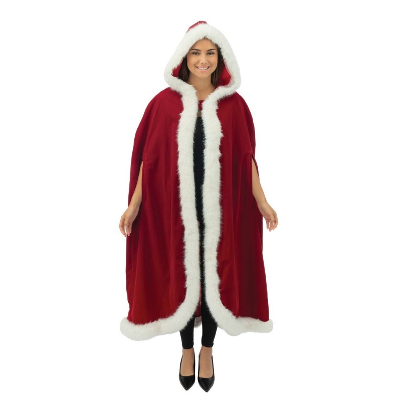 CAPE DE NOEL LUXE LONGUE 125 CM ROUGE VELOUR AVEC FOURRURE BLANCHE