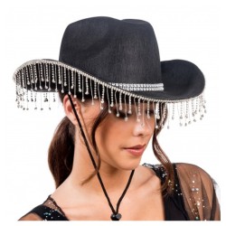 CHAPEAU DE COWBOY NOIR AVEC CHAINE DE STRASS EN PENDENTIF TOUT AUTOUR