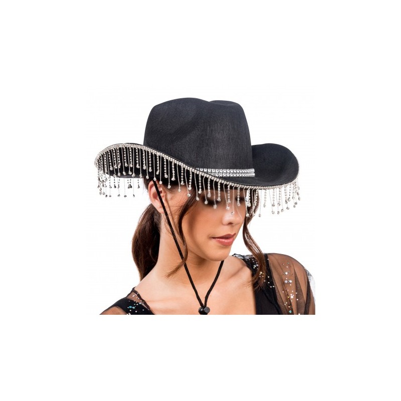 CHAPEAU DE COWBOY NOIR AVEC CHAINE DE STRASS EN PENDENTIF TOUT AUTOUR