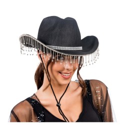 CHAPEAU DE COWBOY NOIR AVEC CHAINE DE STRASS EN PENDENTIF TOUT AUTOUR