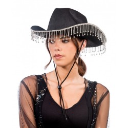 CHAPEAU DE COWBOY NOIR AVEC CHAINE DE STRASS EN PENDENTIF TOUT AUTOUR