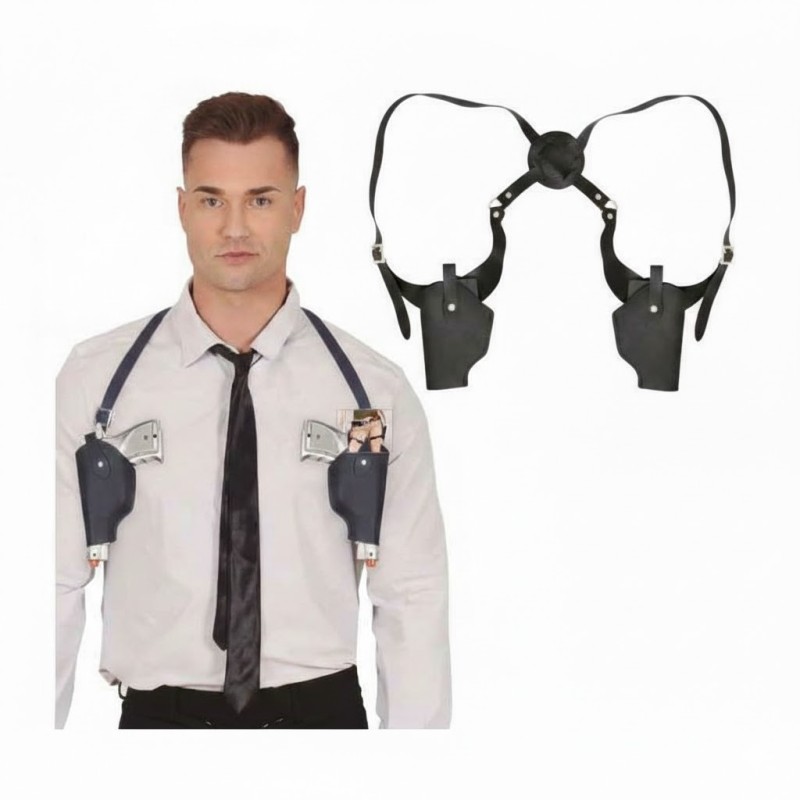 DOUBLE HOLSTER DE BRAS NOIR + 2 PISTOLET ARGENT POLICE 