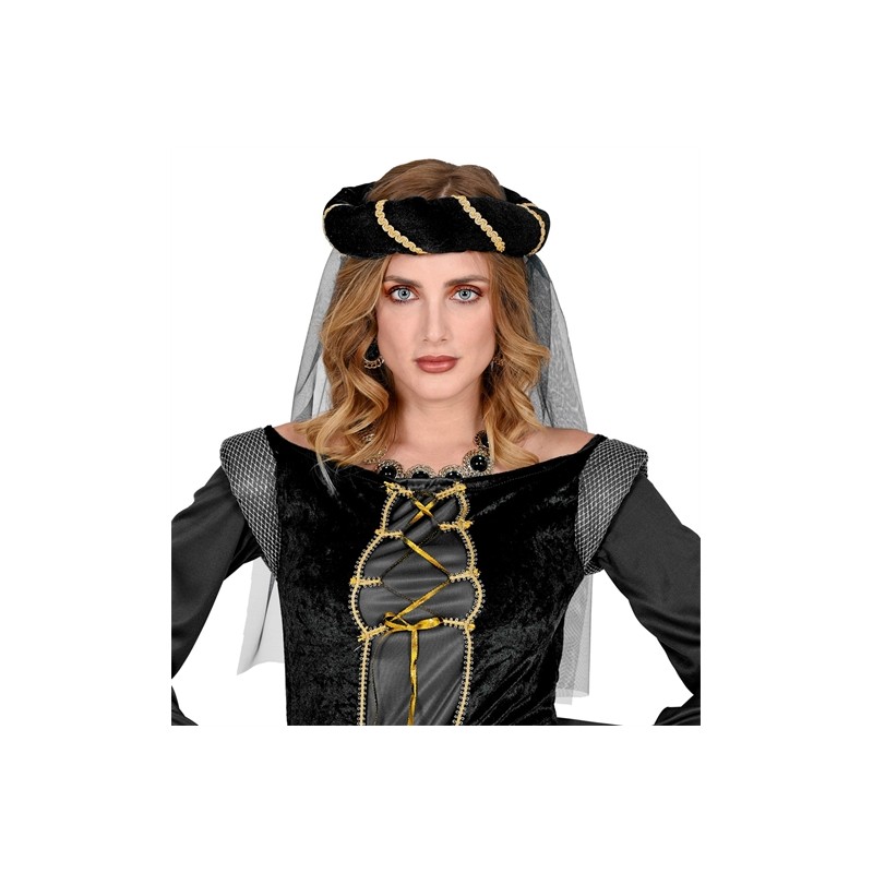 COIFFE COURONNE OU TURBAN MEDIEVAL NOIR AVEC VOILE NOIR 