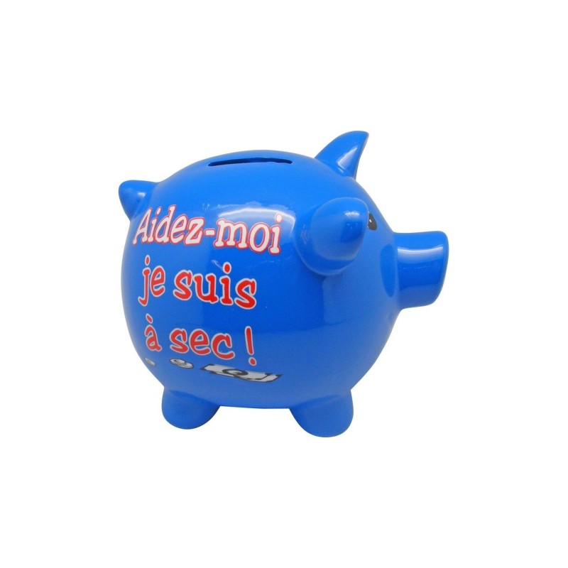 TIRELIRE COCHON BLEU FONCE AIDEZ-MOI JE SUIS A SEC 