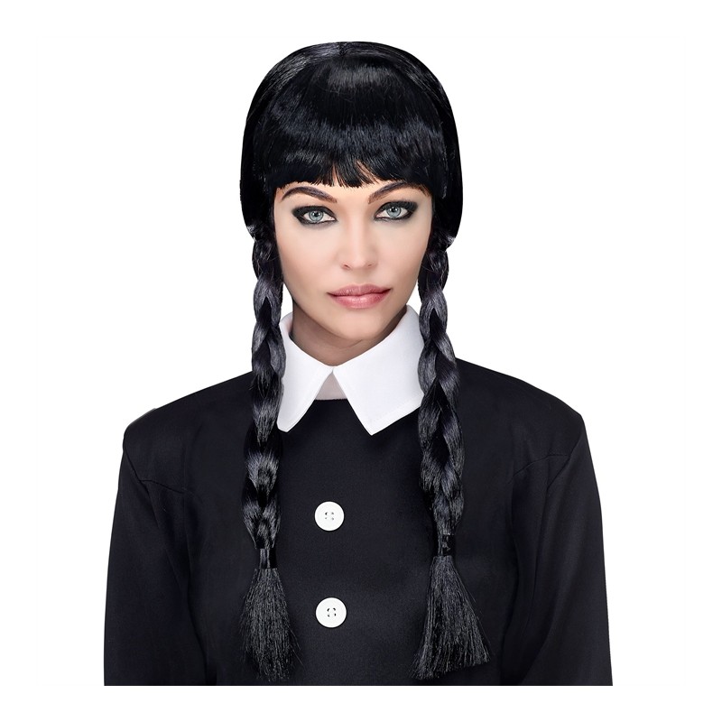 PERRUQUE ECOLIERE MERCREDI 2 NATTES OU TRESSES NOIRES + FRANGE ADULTE