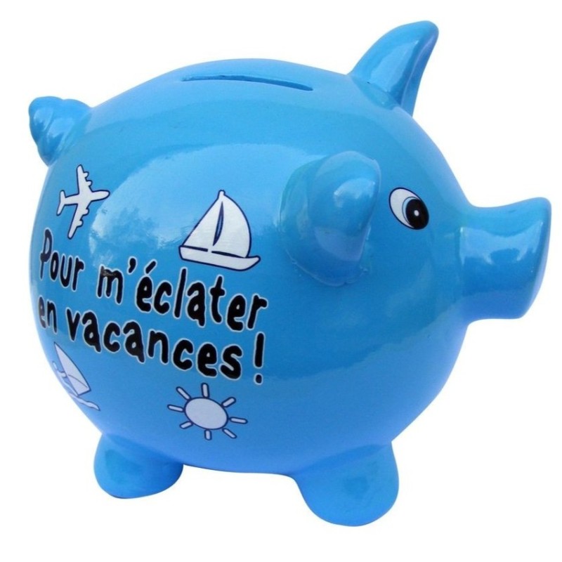 TIRELIRE COCHON BLEU CIEL "POUR M'ECLATER EN VACANCES !"