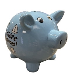 TIRELIRE COCHON BLEU CIEL "POUR M'ECLATER EN VACANCES !"