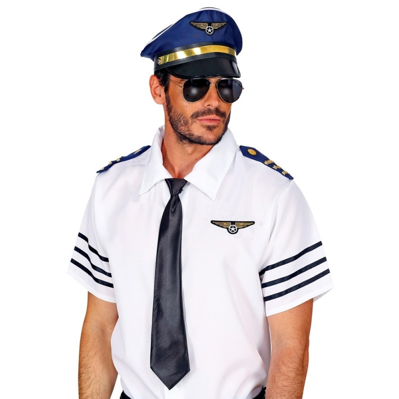 SET PILOTE D'AVION DE LIGNE BLEUE CASQUETTE EPAULETTES INSIGNE ET LUNETTES