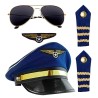 SET PILOTE D'AVION DE LIGNE BLEUE CASQUETTE EPAULETTES INSIGNE ET LUNETTES