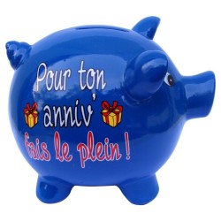 TIRELIRE COCHON BLEU "POUR TON ANNIV FAIS LE PLEIN "