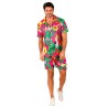 CHEMISE HAWAIENNE + SHORT PERROQUET ET FLEUR SUR FOND ROSE TAILLE L-XL