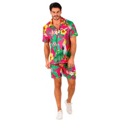 CHEMISE HAWAIENNE + SHORT PERROQUET ET FLEUR SUR FOND ROSE TAILLE XXL