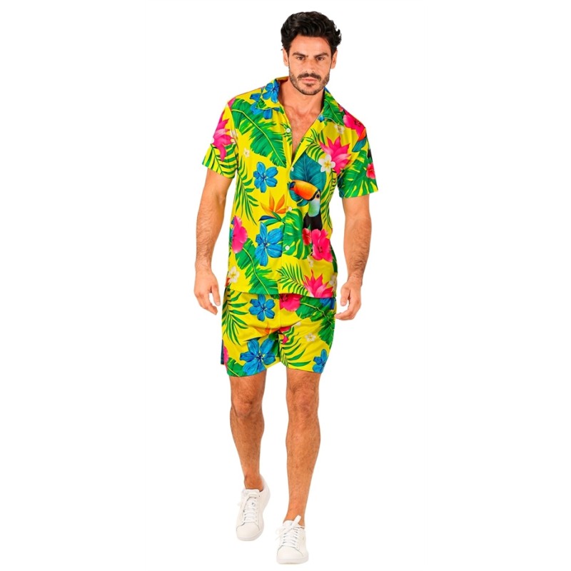CHEMISE HAWAIENNE + SHORT FLEURS TROPICALES SUR FOND JAUNE TAILLE L-XL
