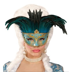 DEMI-MASQUE VENITIEN BLEU ET OR AVEC PLUMES BLEU NUIT