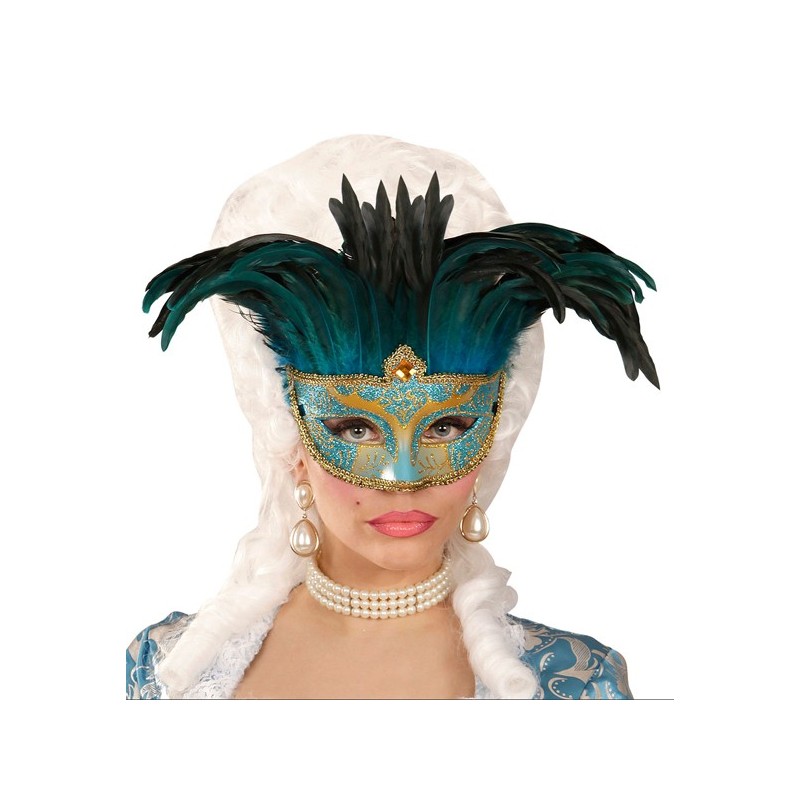 DEMI-MASQUE VENITIEN BLEU ET OR AVEC PLUMES BLEU NUIT